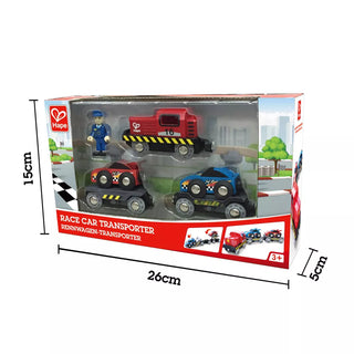 Hape race car transporter toy set packaging with dimensions on a white background