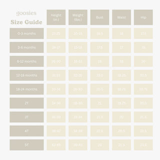 Size guide chart for children's clothing with measurements in height, weight, bust, waist, and hip.