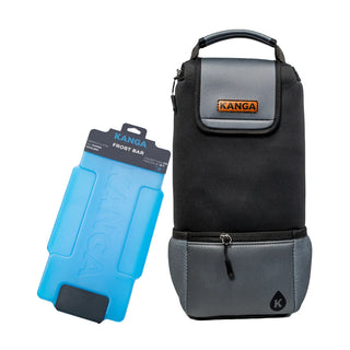 Black and gray insulated cooler bag with blue ice pack on a white background