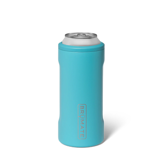 Turquoise can cooler with silver top on a white background