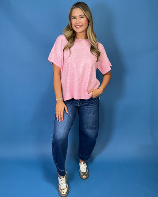 soft pink and ivory stripe knit, lightweight sweater fabric, relaxed fit, short sleeves, and classic crew neckline