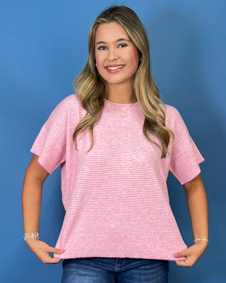 soft pink and ivory stripe knit, lightweight sweater fabric, relaxed fit, short sleeves, and classic crew neckline