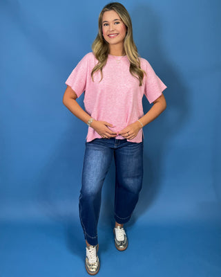 soft pink and ivory stripe knit, lightweight sweater fabric, relaxed fit, short sleeves, and classic crew neckline