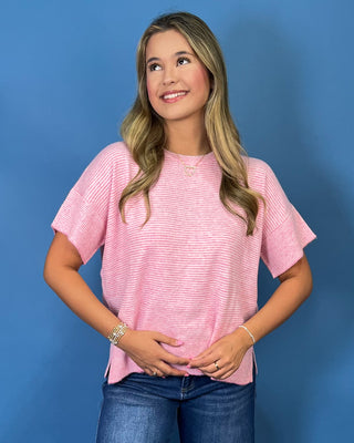 soft pink and ivory stripe knit, lightweight sweater fabric, relaxed fit, short sleeves, and classic crew neckline
