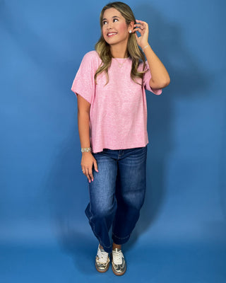 soft pink and ivory stripe knit, lightweight sweater fabric, relaxed fit, short sleeves, and classic crew neckline