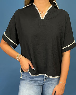 Uptown Black Contrast Embroidery Trim Top