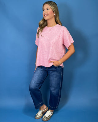 soft pink and ivory stripe knit, lightweight sweater fabric, relaxed fit, short sleeves, and classic crew neckline