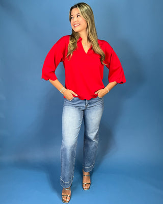 Ruby Days Scallop Trim Split V-Neck Collared Top