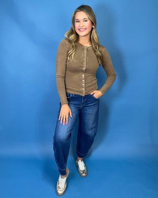 soft cotton ribbed knit, functional button-front detail, flattering fitted silhouette, and comfortable stretch.