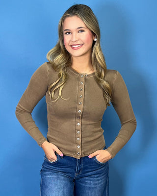 soft cotton ribbed knit, functional button-front detail, flattering fitted silhouette, and comfortable stretch.