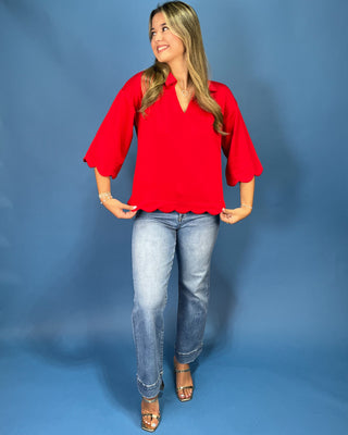 Ruby Days Scallop Trim Split V-Neck Collared Top
