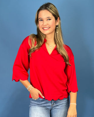 Ruby Days Scallop Trim Split V-Neck Collared Top