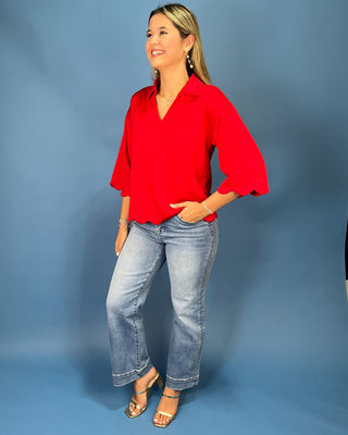 Ruby Days Scallop Trim Split V-Neck Collared Top