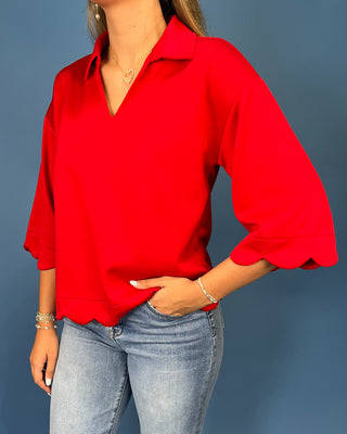 Ruby Days Scallop Trim Split V-Neck Collared Top