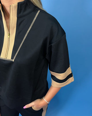 quarter zip top, wide leg pants, camel contrast trim, side pockets, elastic drawstring waist, and soft stretch fabric