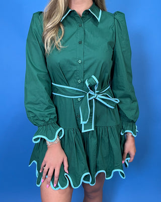 emerald, green dress contrast piping, adjustable tie waist, button-front, scalloped hem