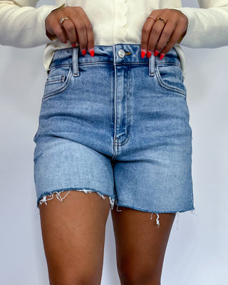 The Kathrine Raw Hem Light Wash Denim Shorts