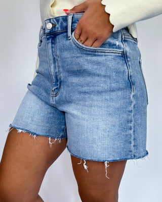 The Kathrine Raw Hem Light Wash Denim Shorts
