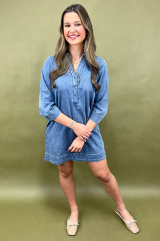Woman wearing a denim dress against a green background