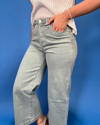 The Evelyn HR Wide Leg Cropped Sage Jean