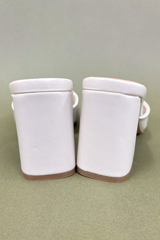 Pair of white high-heeled shoes on a light green background