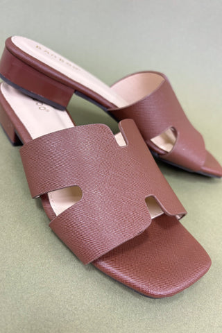 Brown open-toe sandals on a light green background