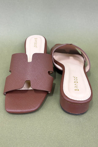 Pair of brown sandals branding on a light green background