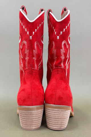 Red cowboy boots with white text on a gray background