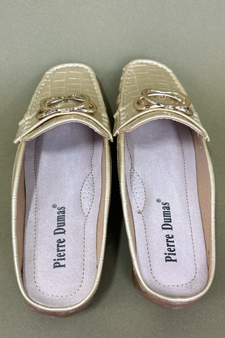 Pair of gold loafers with 'Pierre Dumas' branding on a gray background