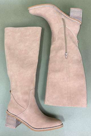 Pair of beige knee-high boots on a light green background
