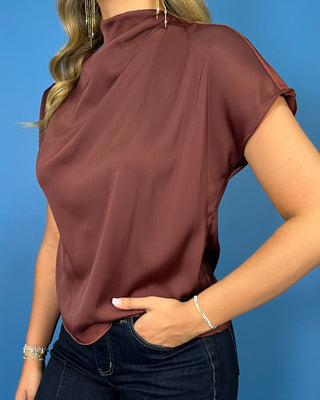 Candied Cherry Satin Draped Mock Neck Cap Sleeve Top