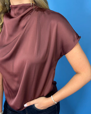 Candied Cherry Satin Draped Mock Neck Cap Sleeve Top