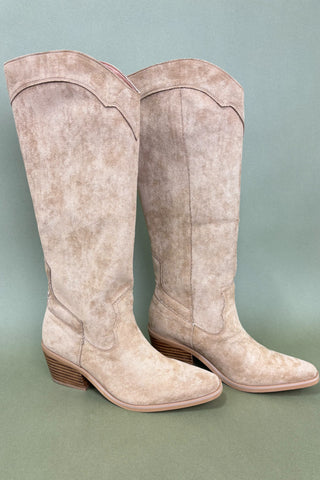 Pair of beige knee-high boots on a light green background