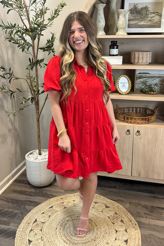 Woman in a red dress standing in a room with a plant and shelves.