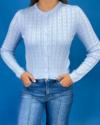 A woman wearing a light blue long-sleeve knit cardigan with a button-front closure and textured openwork pattern, paired with blue jeans against a solid blue background.