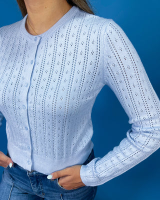 A woman wearing a light blue open-knit cardigan sweater with button-front closure and long sleeves, paired with blue jeans against a solid blue background.