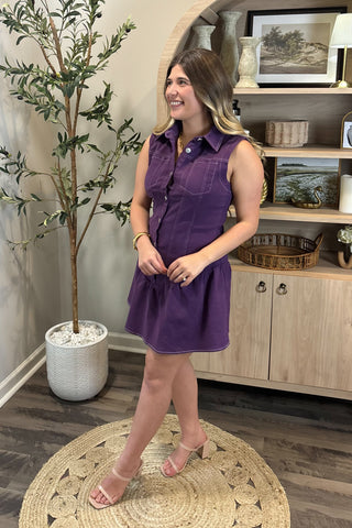 Woman in a purple dress standing in a room with a plant and shelves.