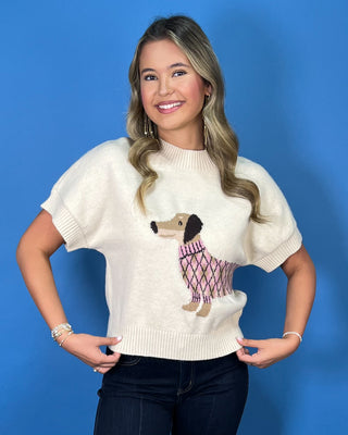 Ivory short sleeve knit sweater with a dachshund graphic wearing a pink argyle sweater.