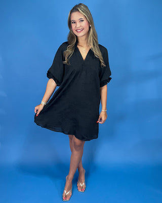 Elegant Noir Floral Print Puff Sleeve Mini Dress