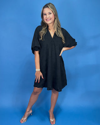 Elegant Noir Floral Print Puff Sleeve Mini Dress