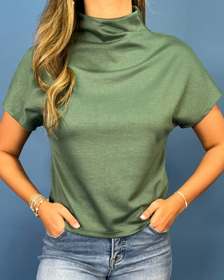 Willow Green Mock Neck Drop Shoulder Top