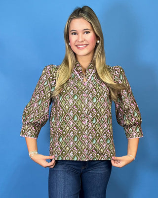 Pink Petals & Olive Vines Floral Scalloped Detail Top