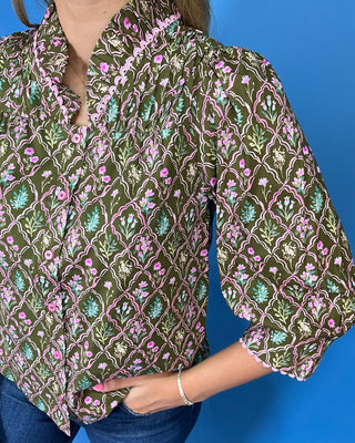 Pink Petals & Olive Vines Floral Scalloped Detail Top