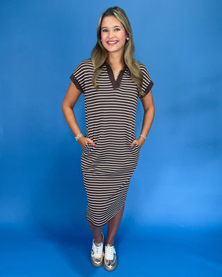 Coffee Stripe Polo Style T-Shirt Midi Dress