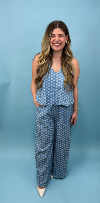 Oceanside Dreaming Eyelet Lace Denim Jumpsuit
