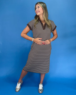 Coffee Stripe Polo Style T-Shirt Midi Dress