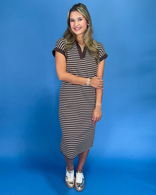 Coffee Stripe Polo Style T-Shirt Midi Dress