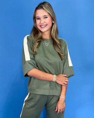 Sporty Everyday Olive Comfort Stripe Pants Set