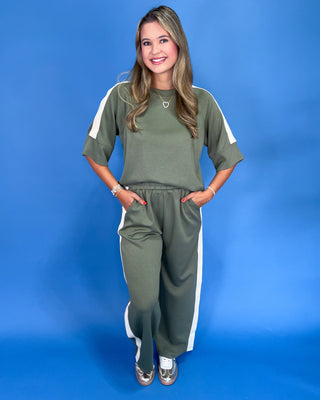 Sporty Everyday Olive Comfort Stripe Pants Set