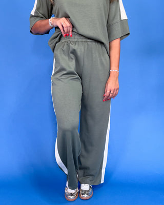Sporty Everyday Olive Comfort Stripe Pants Set